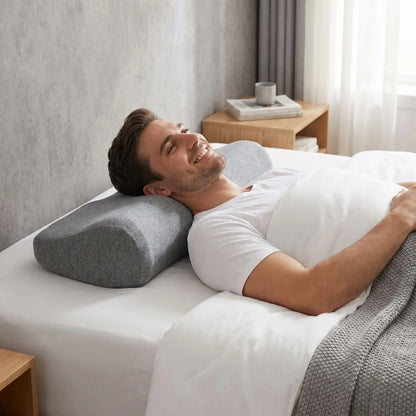 Homme souriant tête sur oreiller cervical ergonomique gris