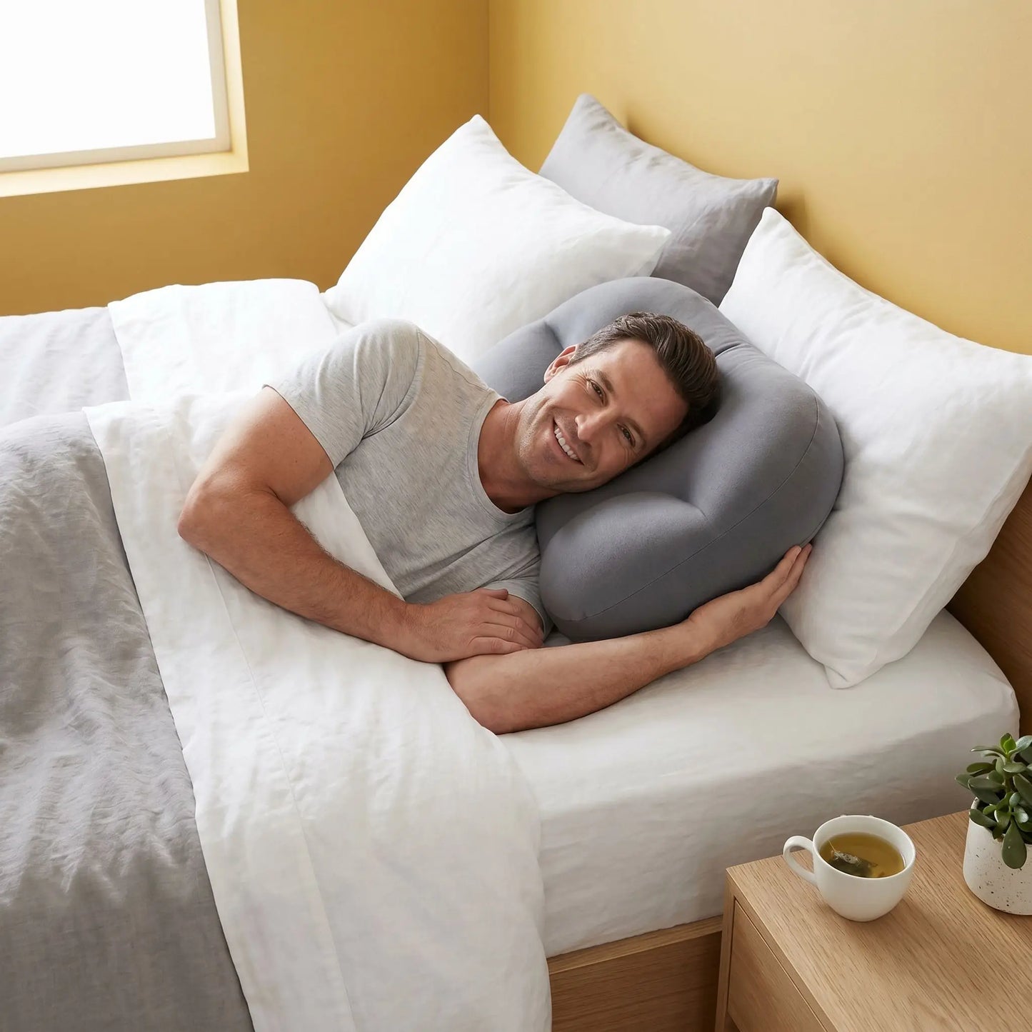 Homme souriant tête sur oreiller ergonomique gris mémoire de forme