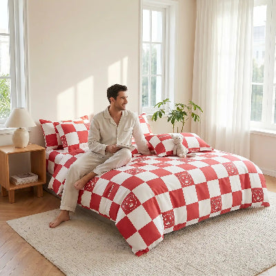Homme sur housse de couette rouge blanche