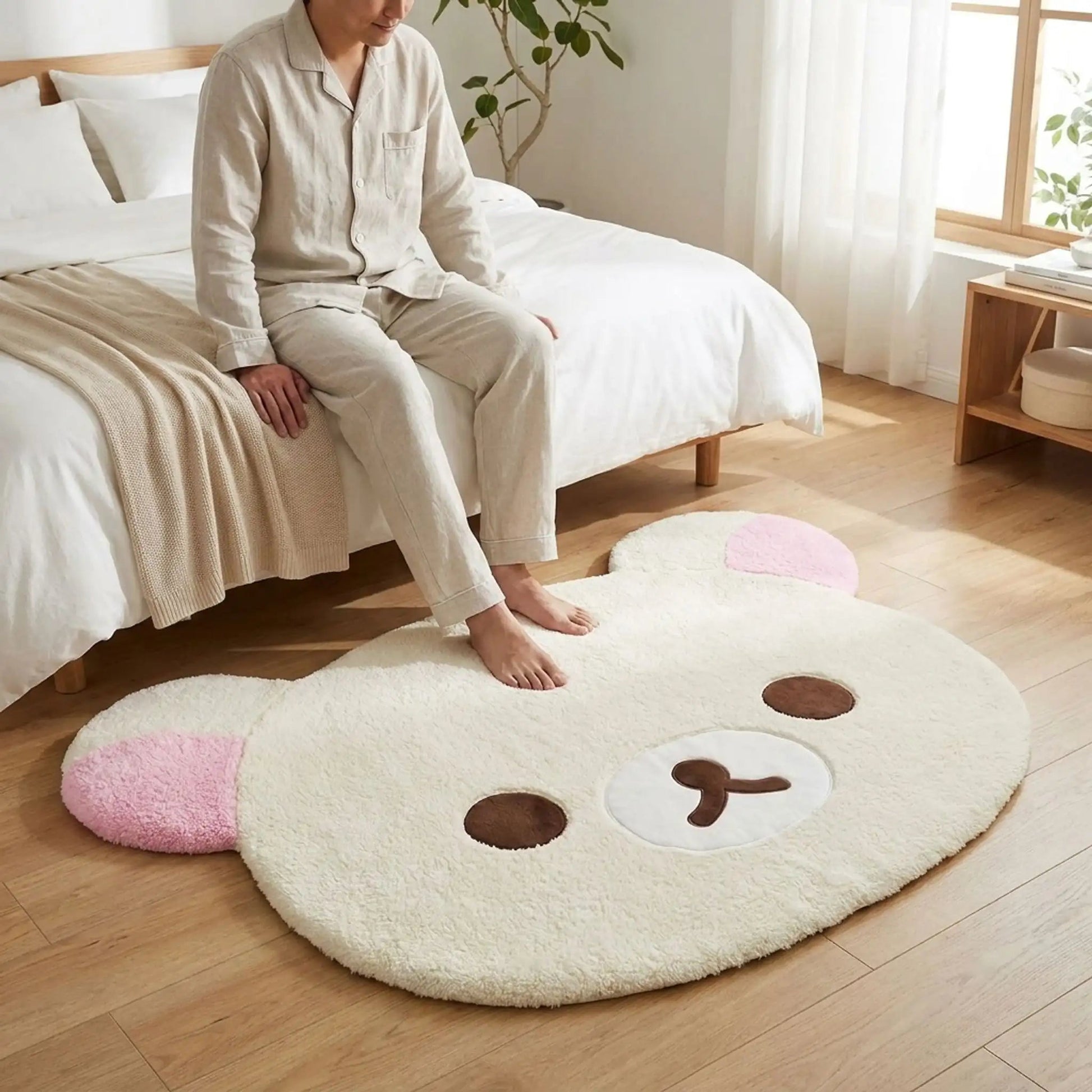 Homme sur lit pieds nus sur descente de lit blanche Rilakkumas