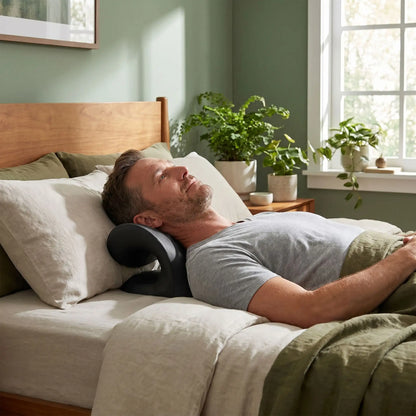 Homme sur oreiller cervical noir Détente Posturale