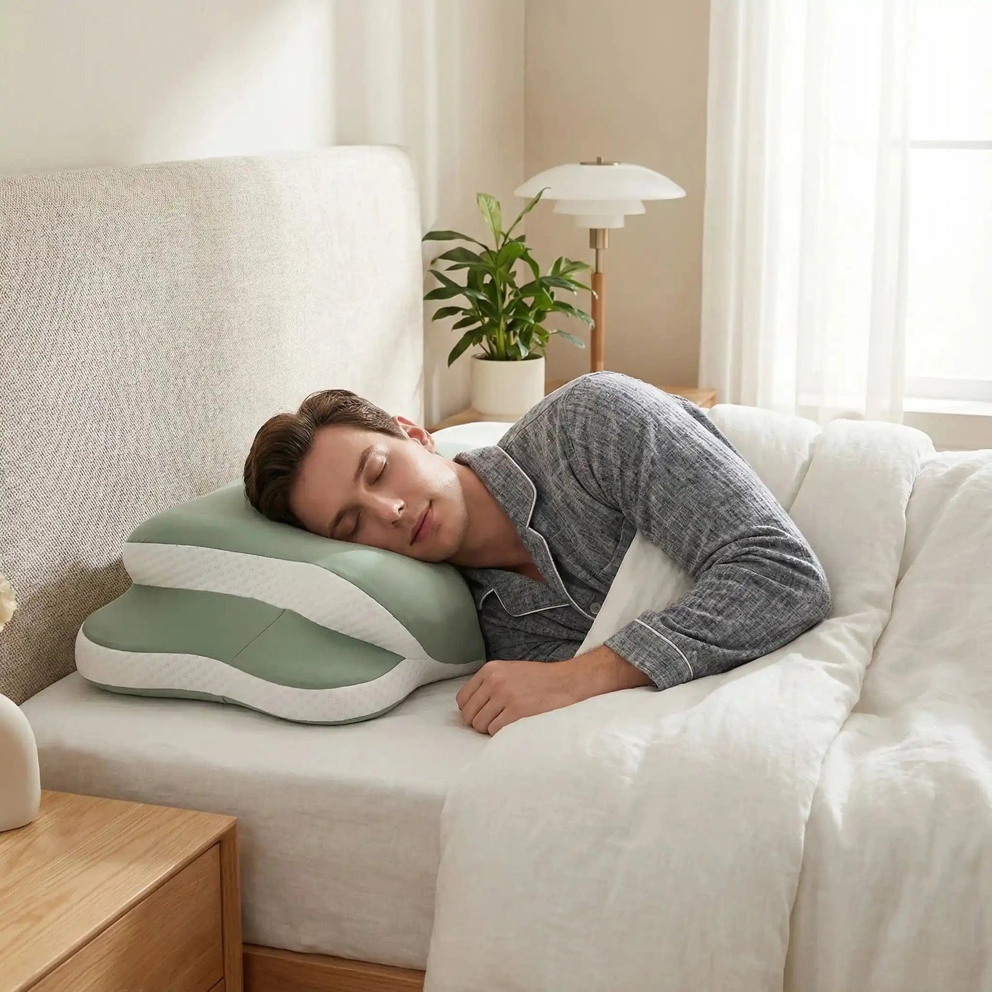 Homme sur oreiller ergonomique pour cervicales vert Sommeil Réparateur