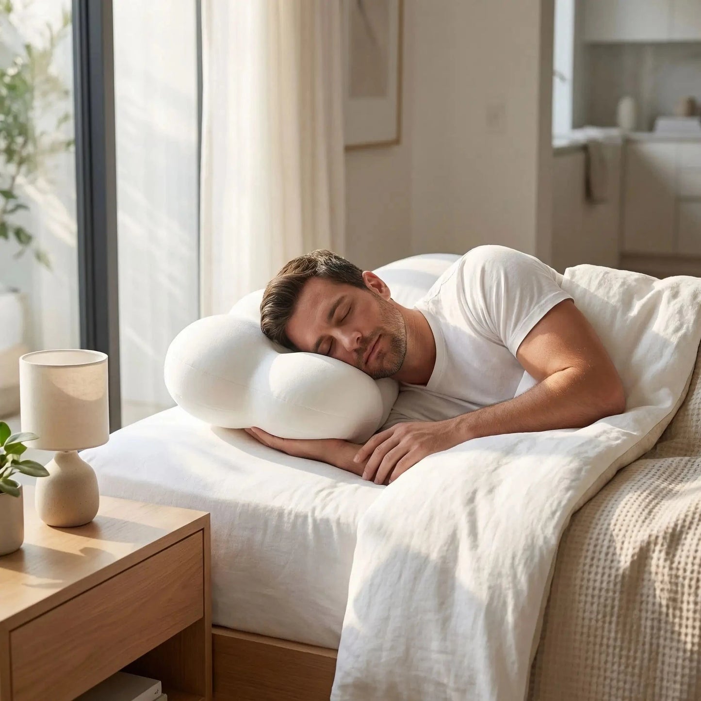 Homme  tête sur oreiller ergonomique blanc mémoire de forme