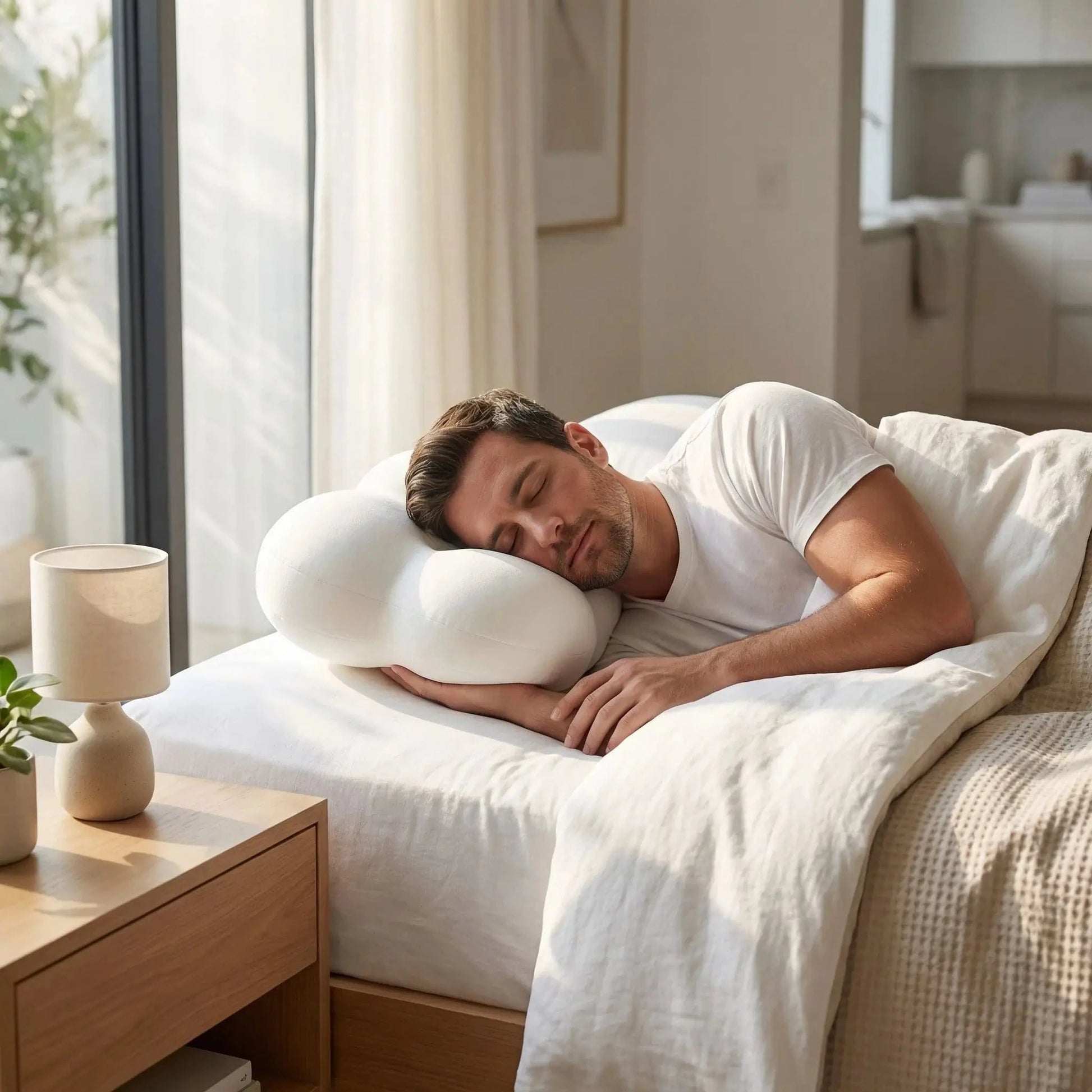 Homme  tête sur oreiller ergonomique blanc mémoire de forme