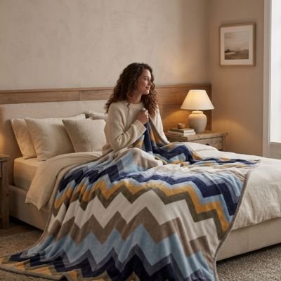 Jeune femme assise sur lit avec couverture chevron ™