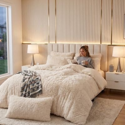 Jeune femme avec roman sur parure de lit 200x200 beige