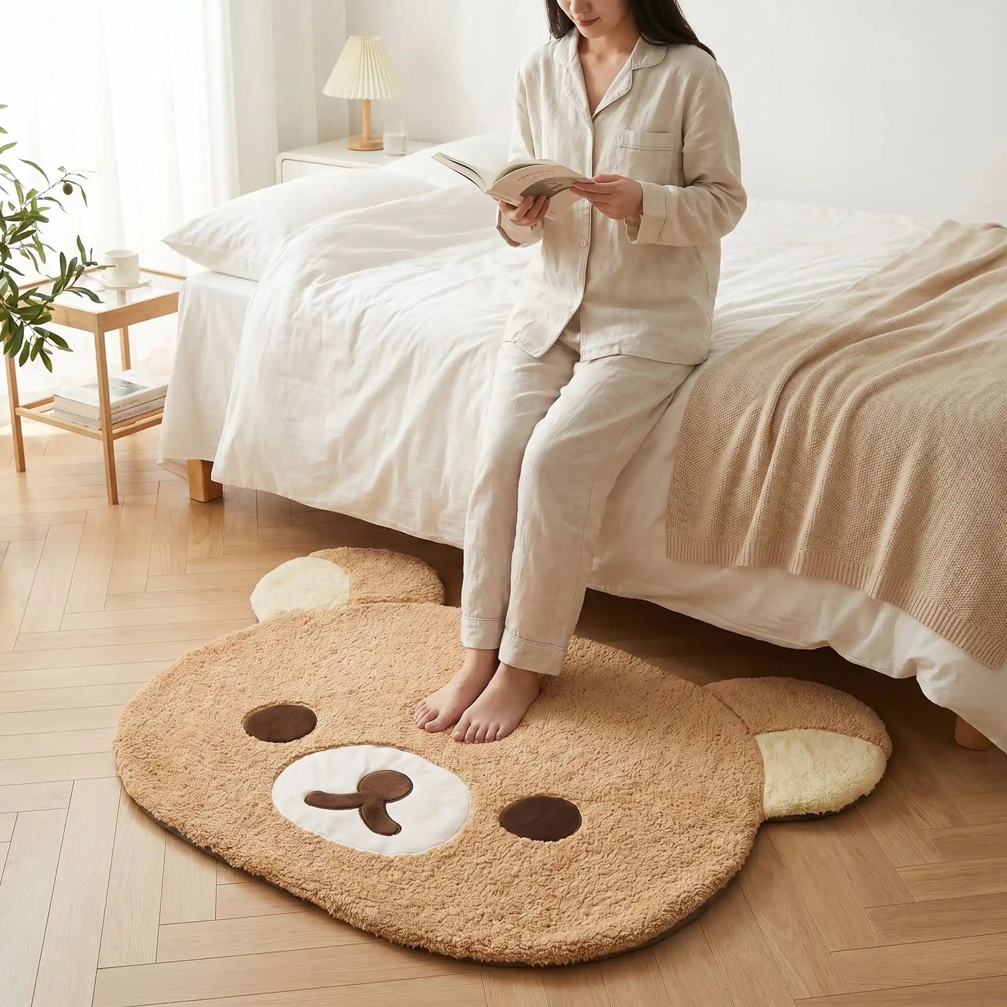 Jeune femme lit pieds nus sur descente de lit beige Rilakkumas