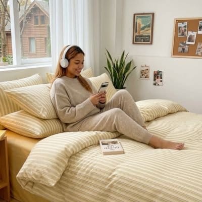 Jeune femme sur housse de couette 220x240 jaune  Confort Raffiné