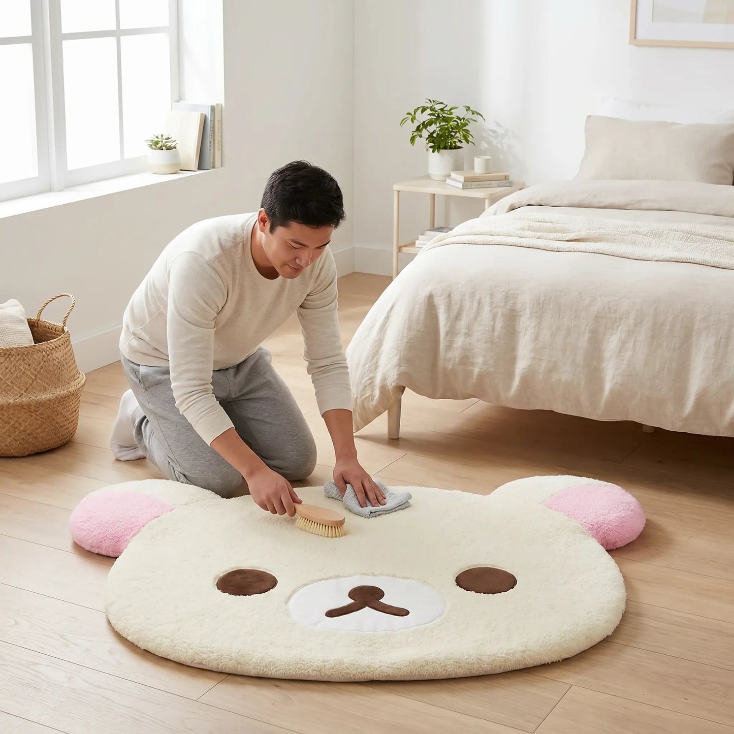Jeune homme lave descente de lit blanche Rilakkumas