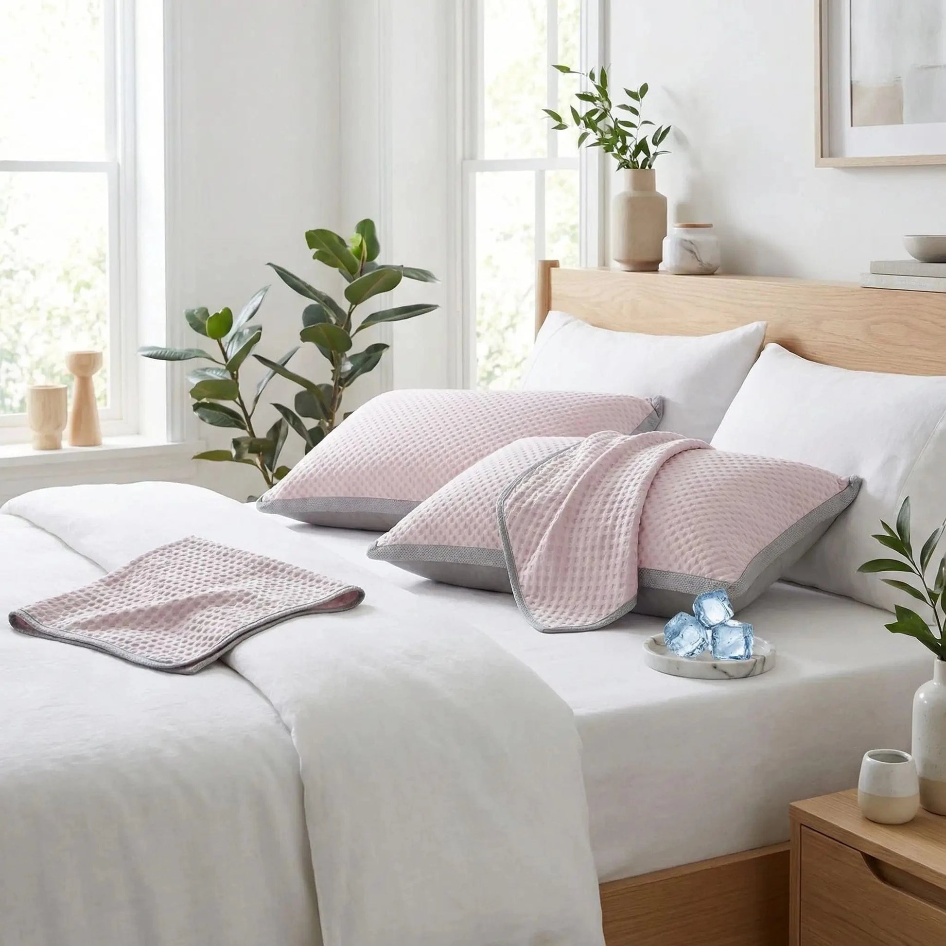 Taie d'oreiller texturée nid d'abeille rose lit chambre