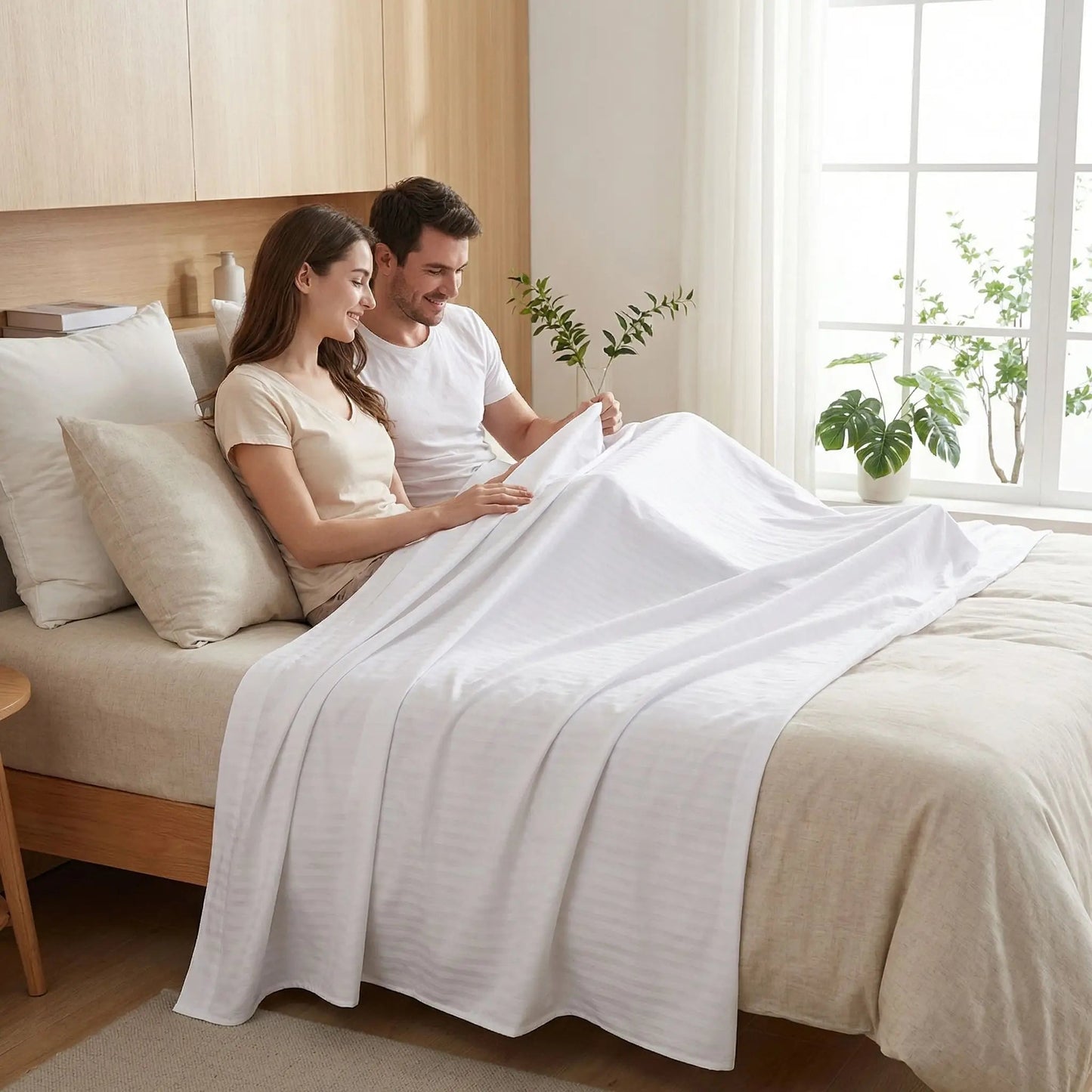 couple apprécie drap plat dans chambre 600 fils