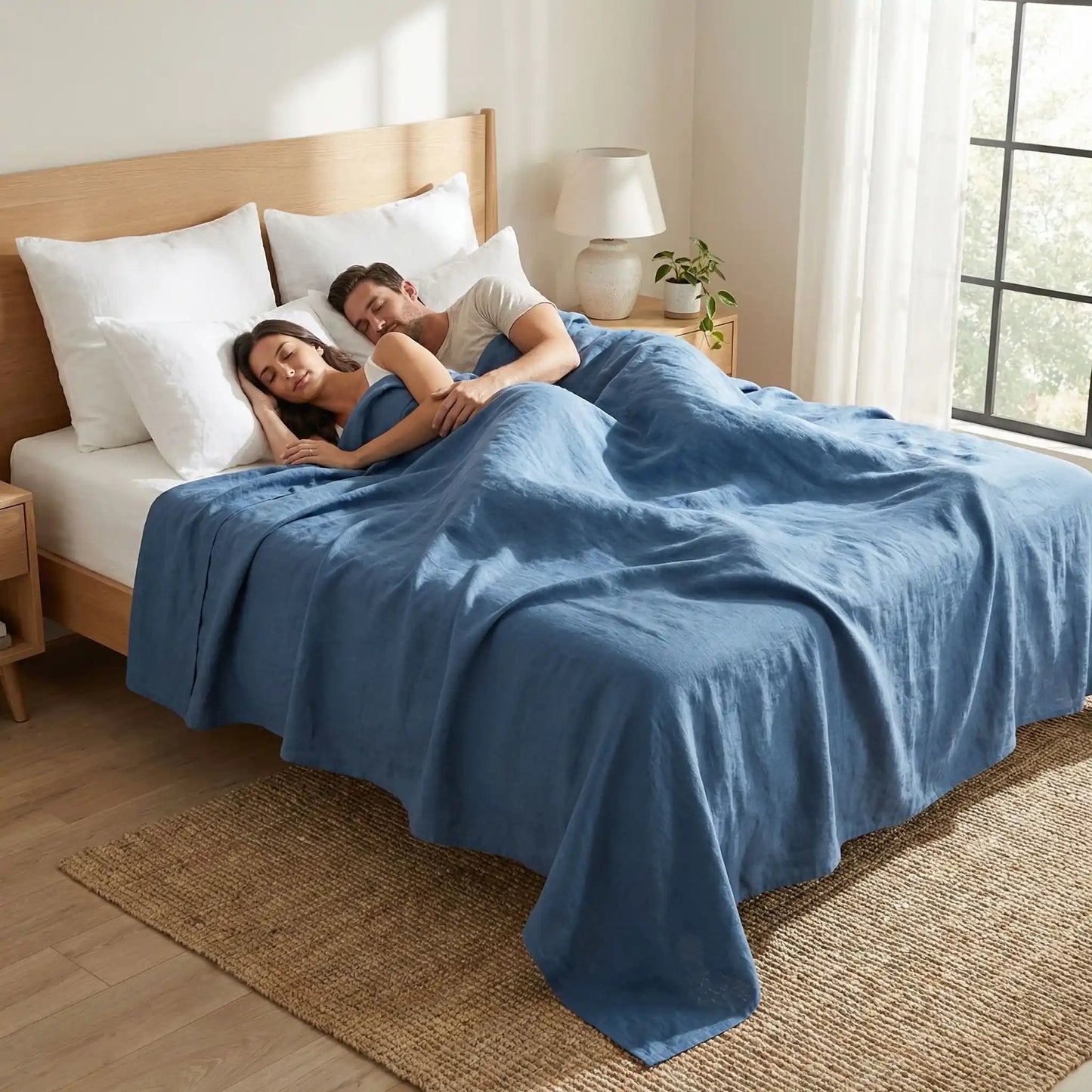 couple  endormi sur drap plat 2 personnes bleu lin européen
