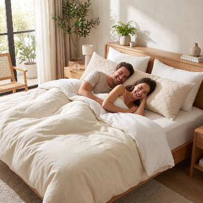 couple souriant sous couette tête sur traversin Réversible ™200 Fils