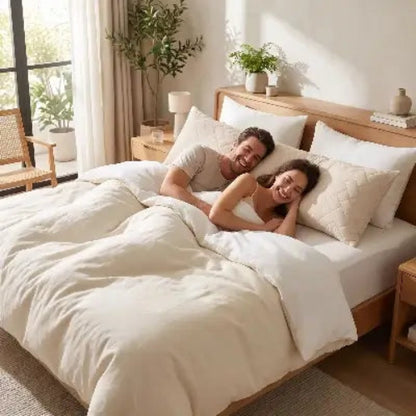 couple souriant sous couette tête sur traversin 
