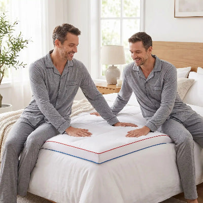 deux hommes souriants sur surmatelas 160x200 bleu rouge 