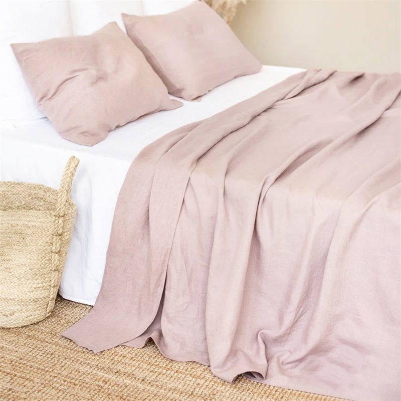 drap plat 2 personnes rose poussiéreux lin européen