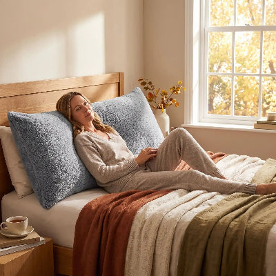 femme adossée sur traversin Otautau™ gris dans chambre