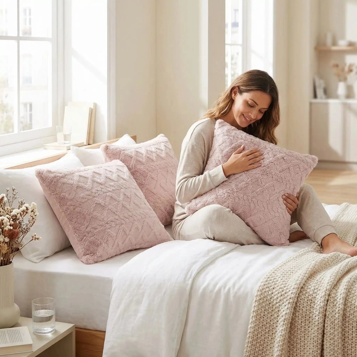 femme assise avec taie d_oreiller rose confort durable