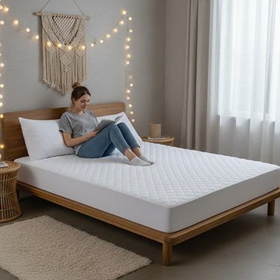 Femme assise lit protege matelas 140x190 blanc imeprméable confort
