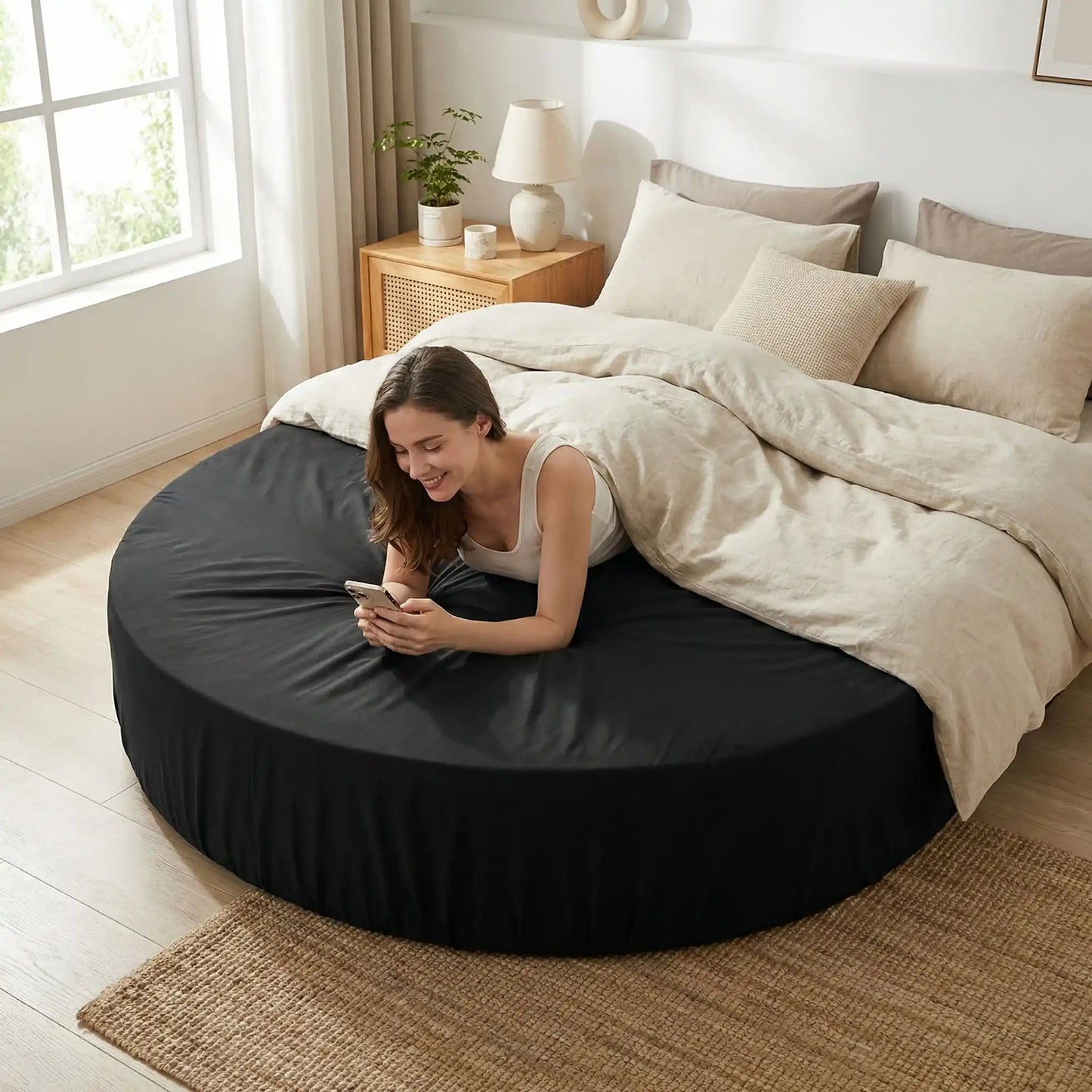 femme avec cellulaire sur drap housse 140x200 cm noir coton doux ajusté