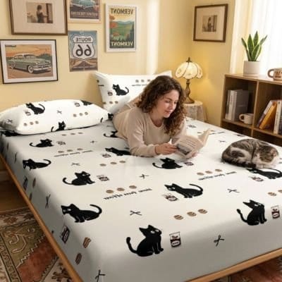 femme avec chat sur drap housse confort supérieur