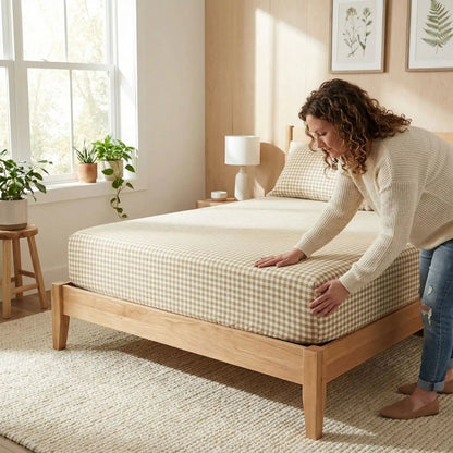 femme avec drap housse café chambre ajustement parfait