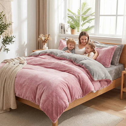 femme avec enfants sous housse de couette flanelle rose ultra confortable