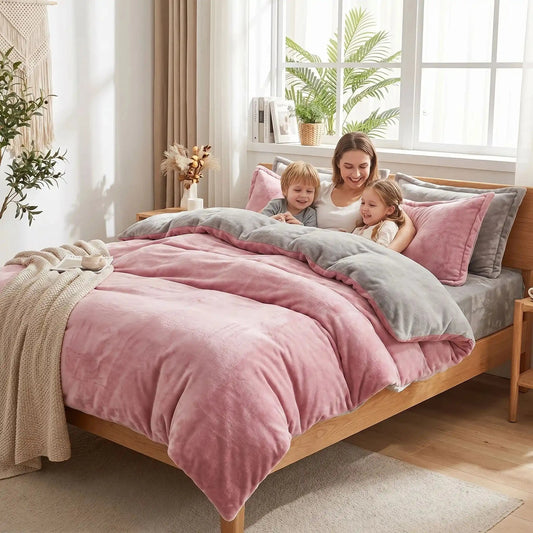 femme avec enfants sous housse de couette flanelle rose ultra confortable
