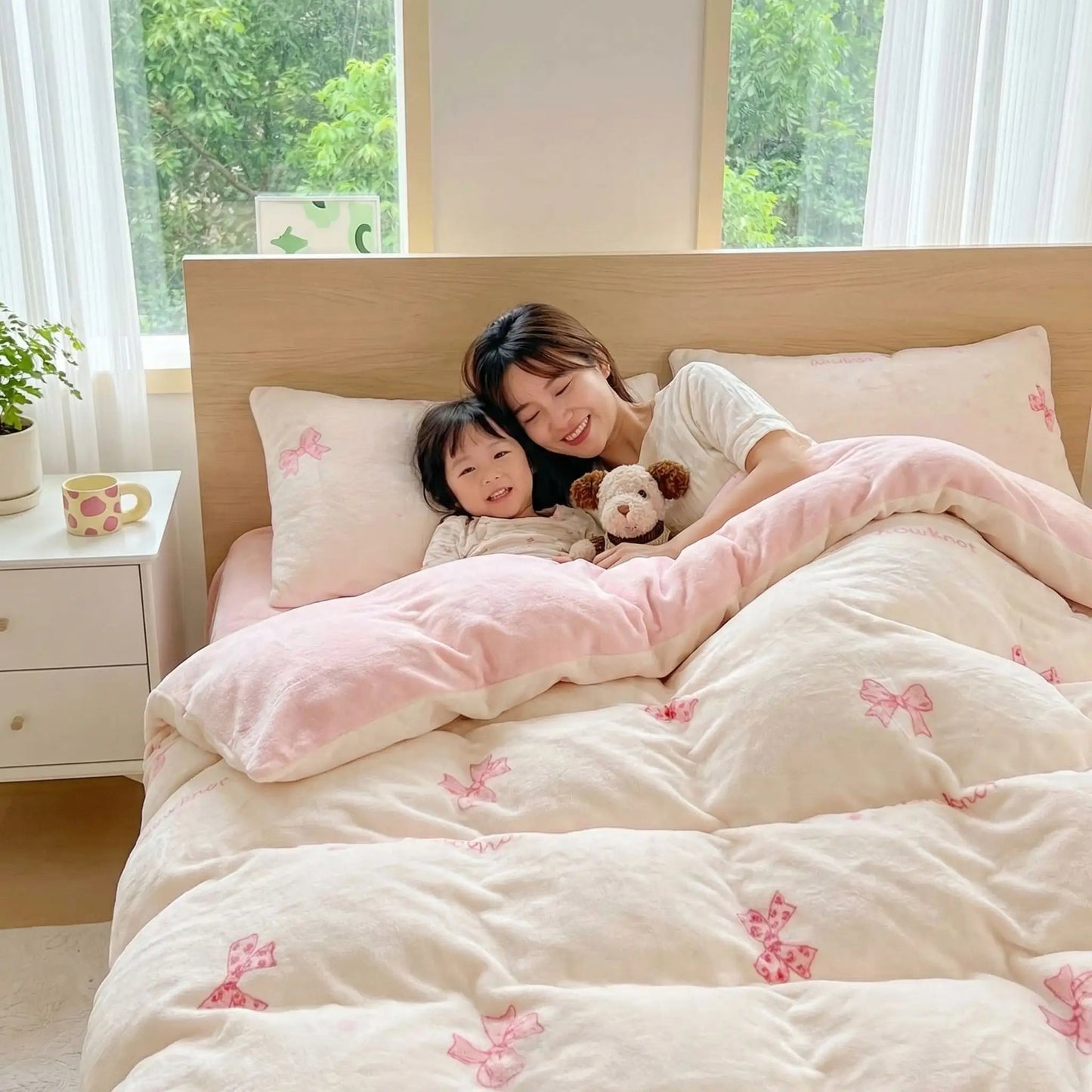 femme avec fillette sous sa housse de couette en flanelle ultra douce