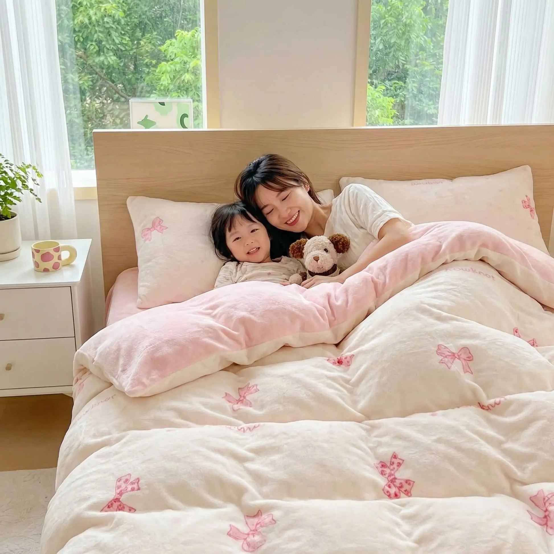 femme avec fillette sous sa housse de couette en flanelle ultra douce
