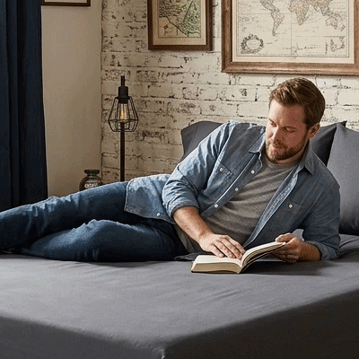 femme avec homme sur drap housse gris noir