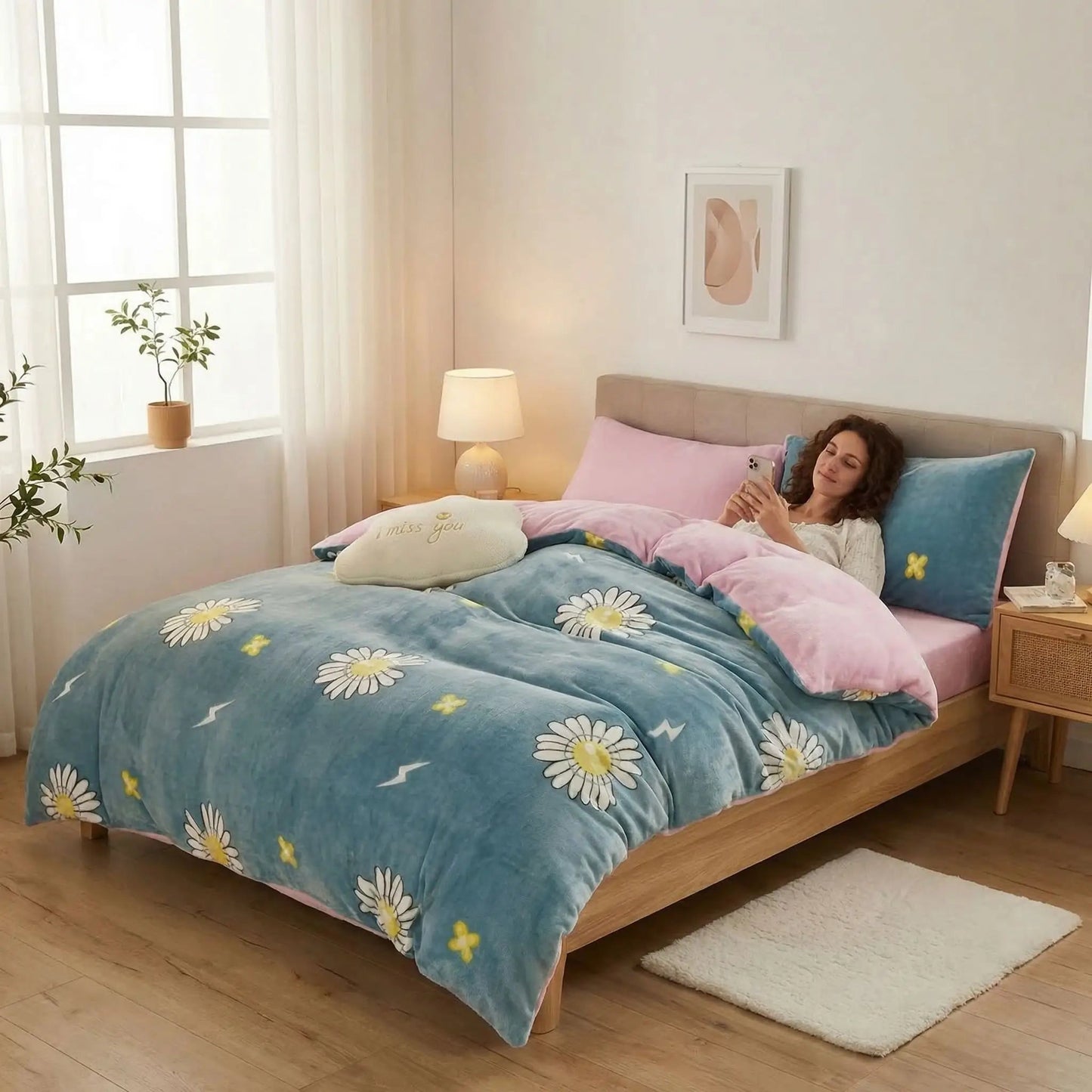 Femme avec téléphone housse de couette douceur confort optimal