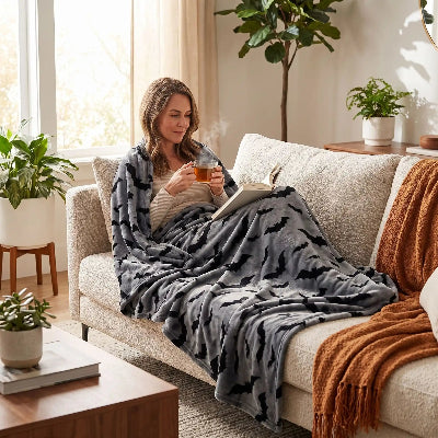 femme avec thé lit livre enveloppée sous couverture grise