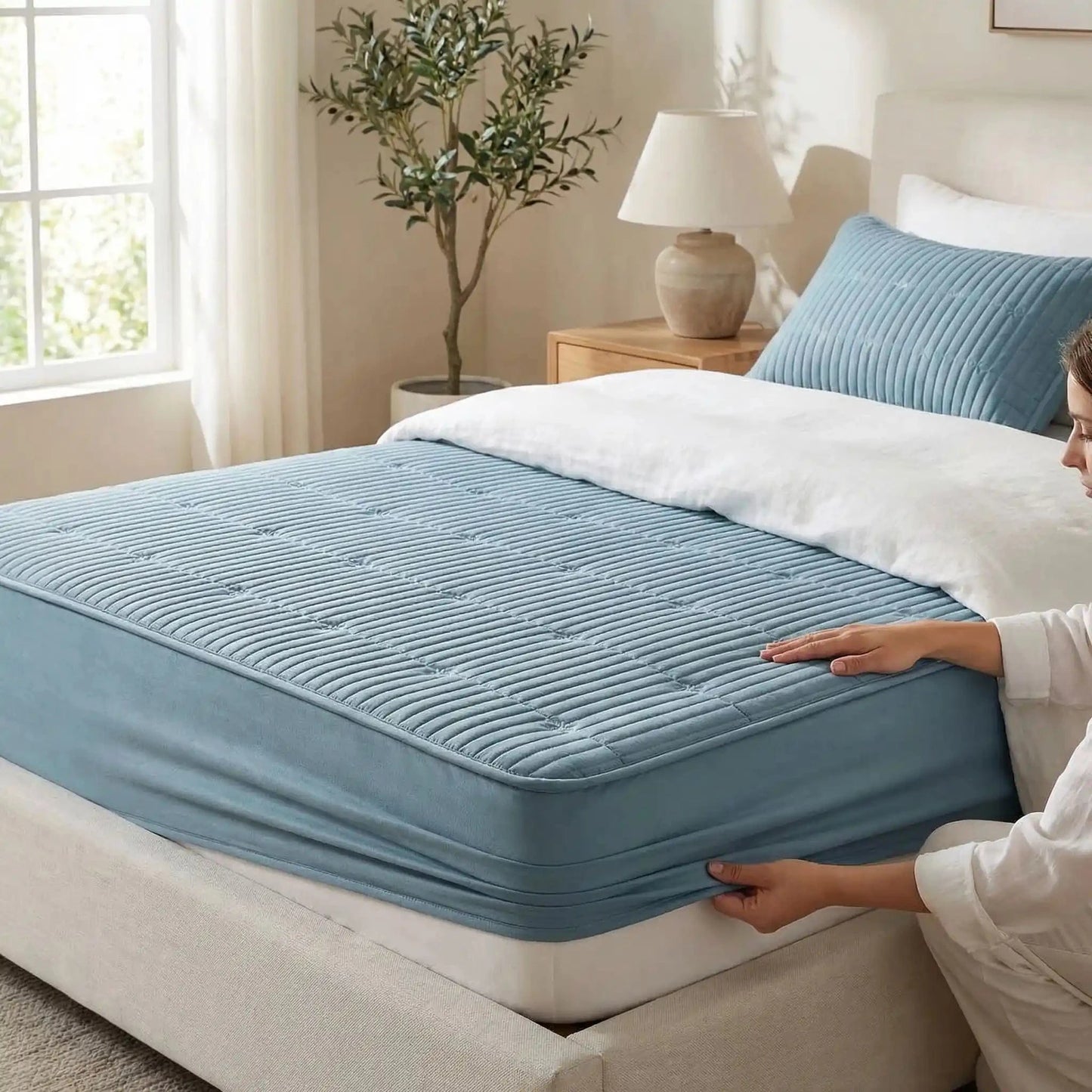 femme côté sur protege matelas 160x200-cm rose respirant