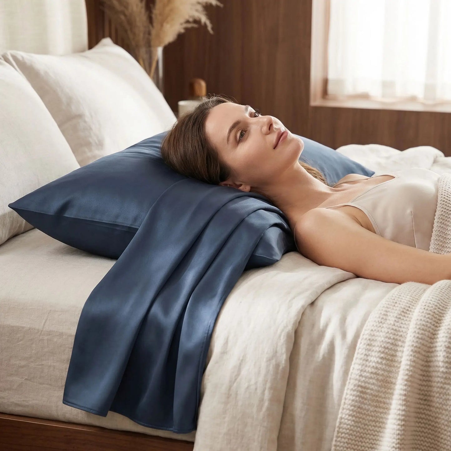 femme couchée sur taie d'oreiller en soie bleue 