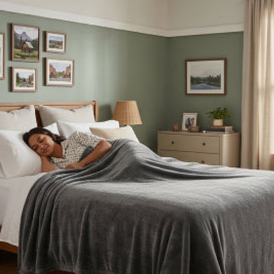 femme couchée sous couverture grise Anti-Boulochage™ 