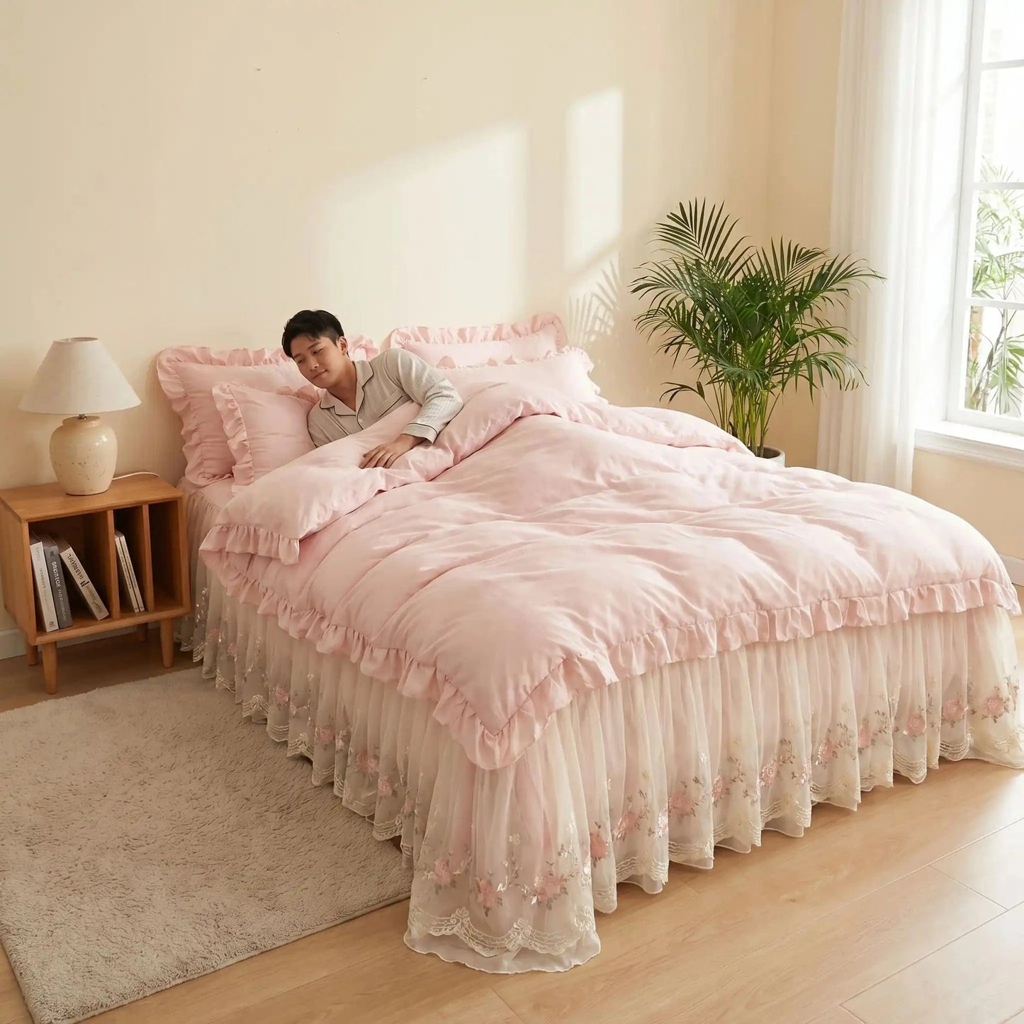 femme couchée sous housse de couette 260x240 rose broderie coréenne