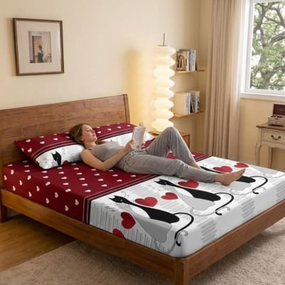 femme couchée sur dos sur drap housse rouge ultra doux