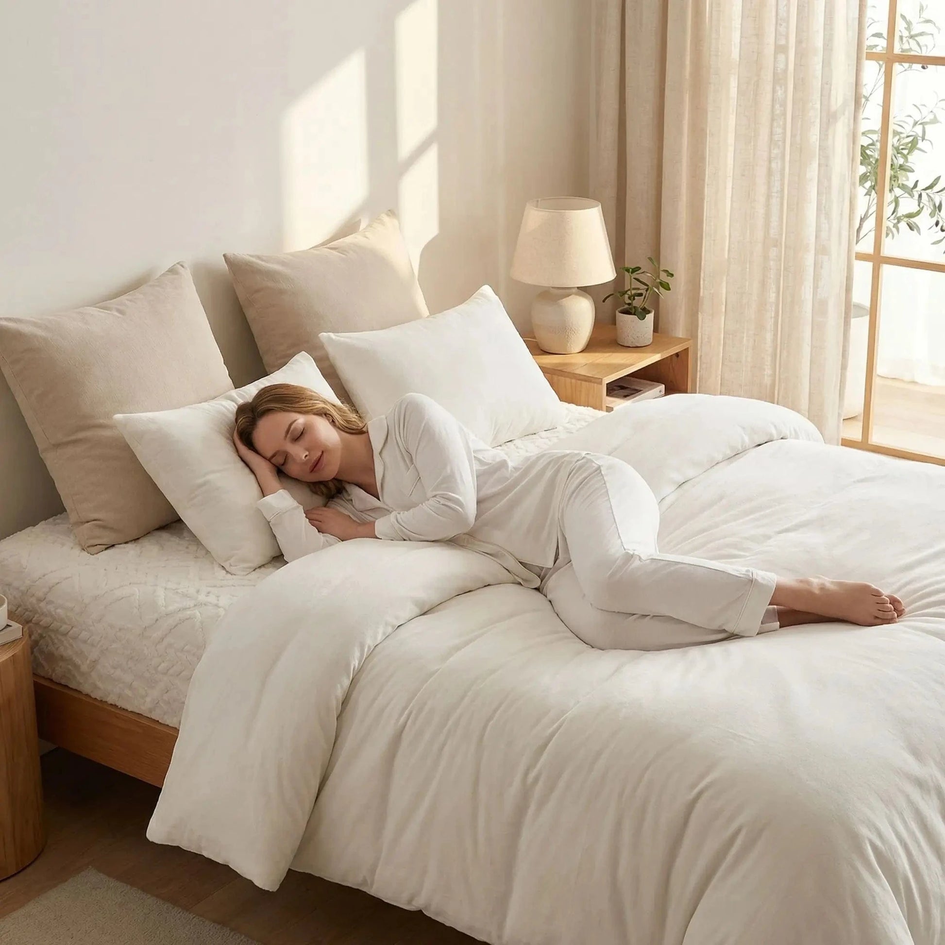 femme couchée sur drap housse blanc ultradoux