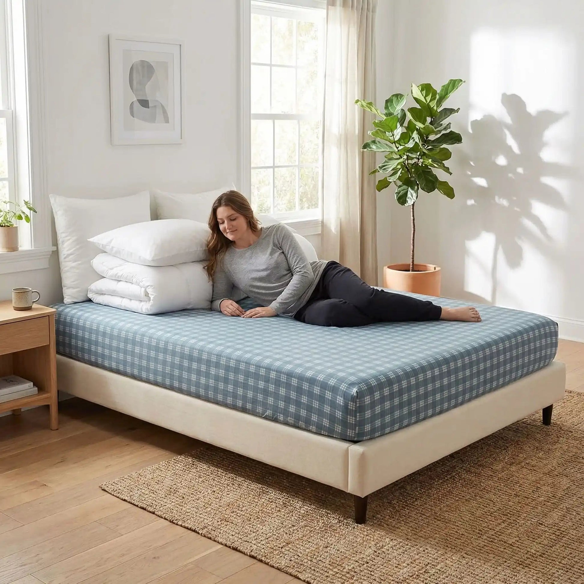 femme couchée sur drap housse gris ajustement parfait