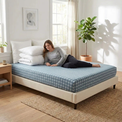 femme couchée sur drap housse gris ajustement parfait
