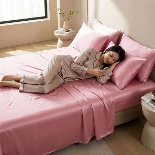 femme couchée sur drap plat rose satin premium