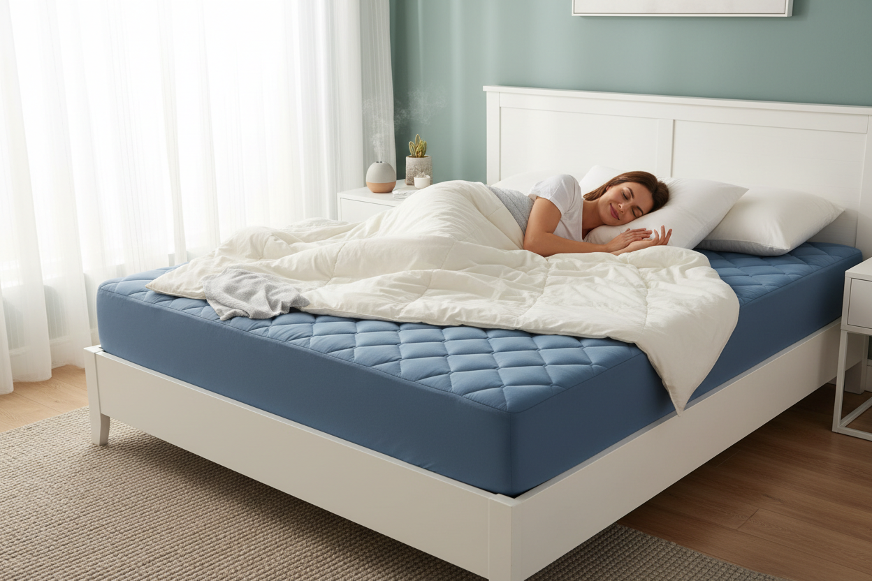 femme couchée sur protege matelas bleu imperméable douceur
