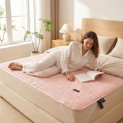 femme couchée sur protege matelas rose imperméable et respirant