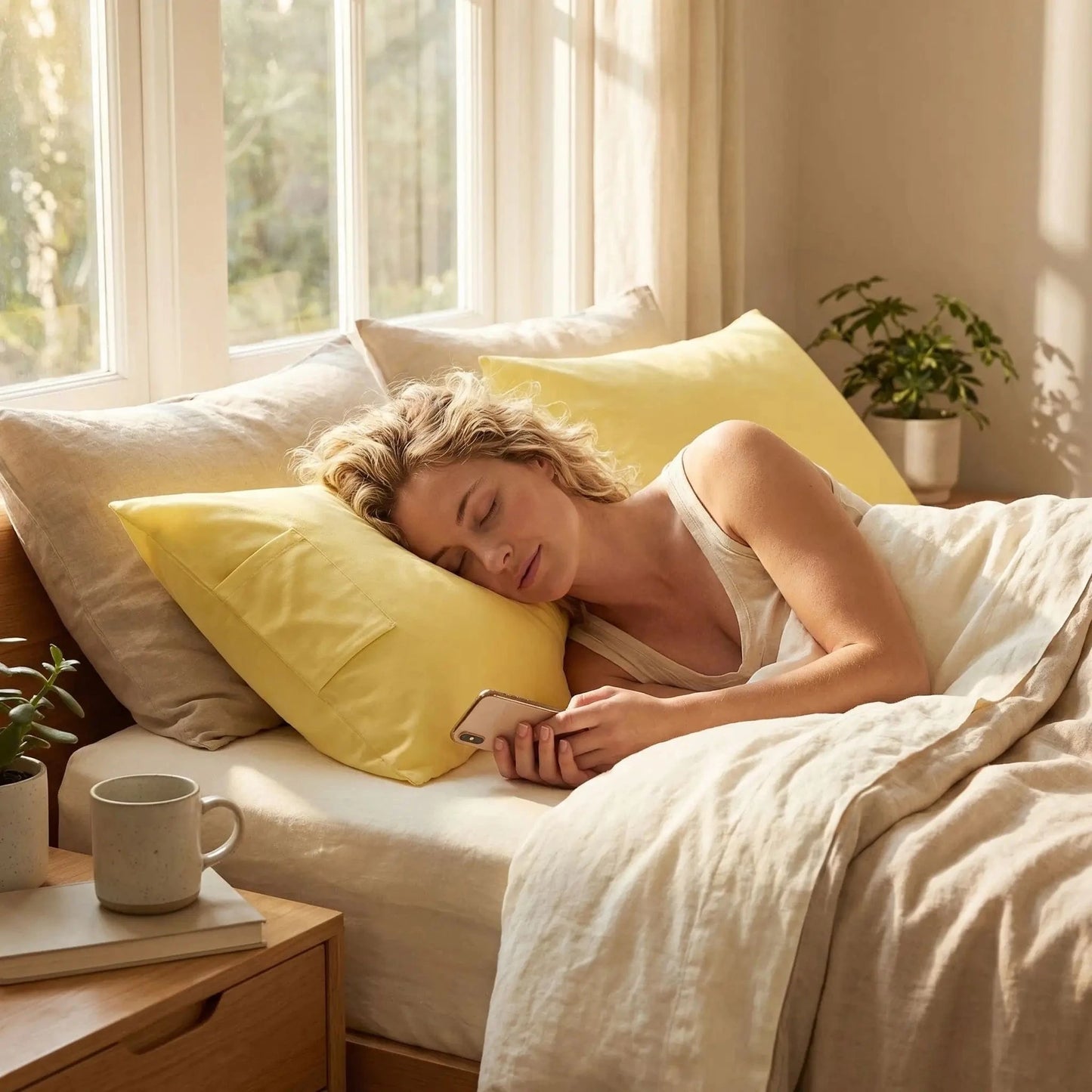 femme couchée sur taie d'oreiller 50x70 cm jaune coton naturel