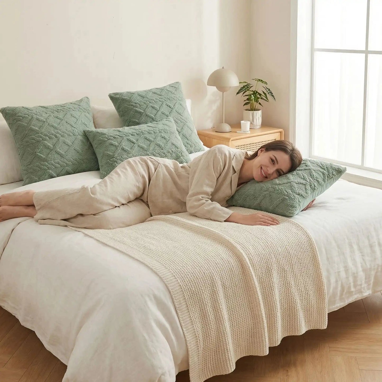 femme couchée sur taie d'oreiller verte confort durabe