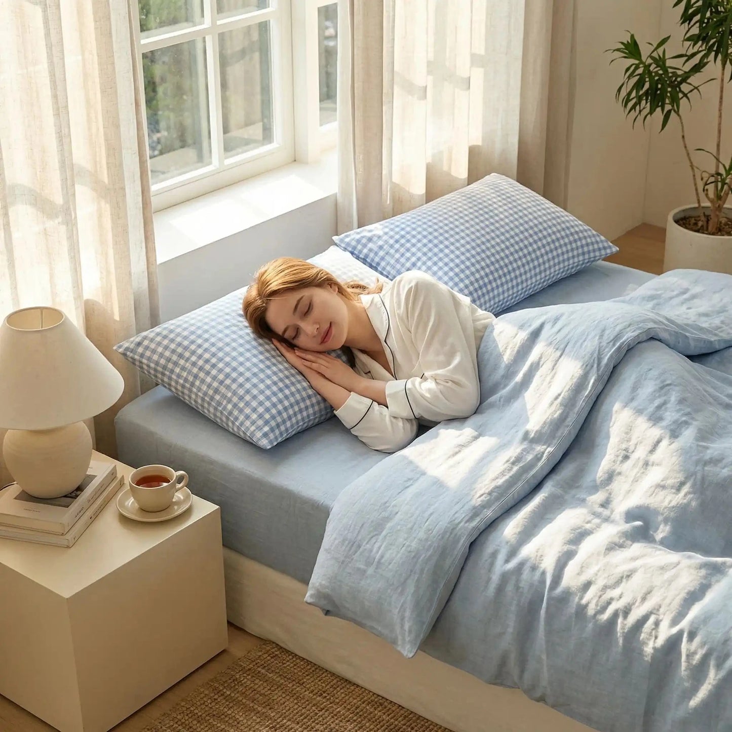 femme couchée taies d oreiller colorées rayées bleues