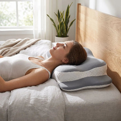 femme couchée tête sur oreiller à mémoire de forme gris foncé