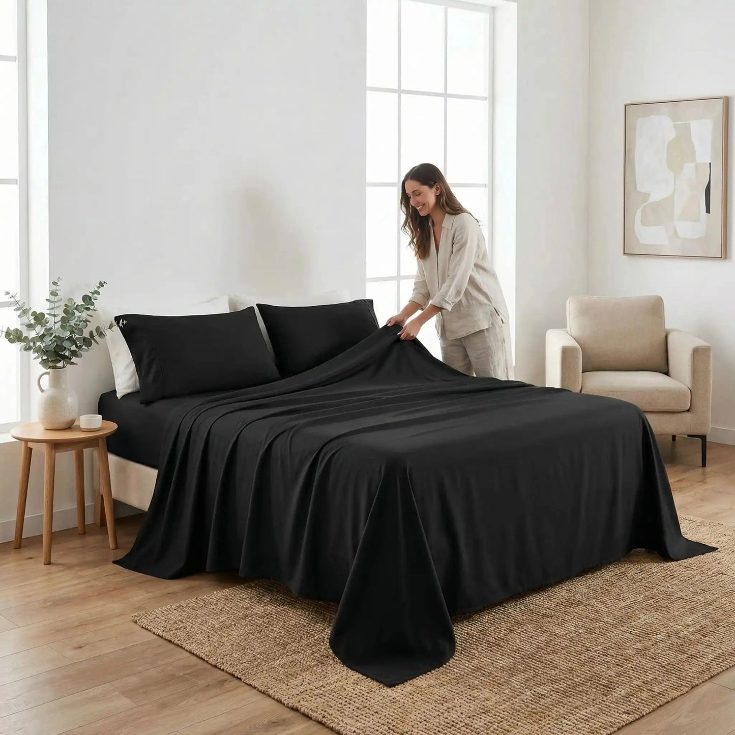 femme couvre draps plats noirs polyester douceur