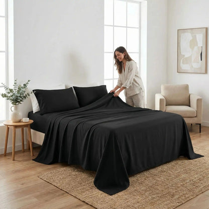 femme couvre draps plats noirs polyester douceur